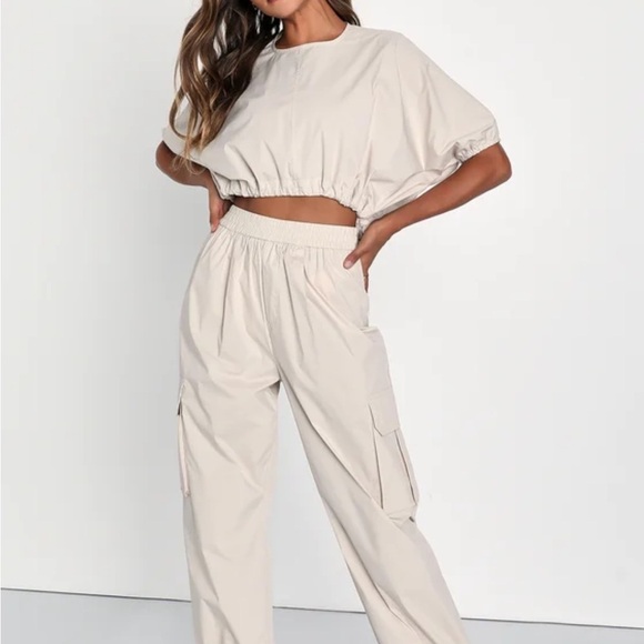 NWT Lulus Coolest Cutie Beige Short Sleeve Drawstring Crop Top - Picture 5 of 10